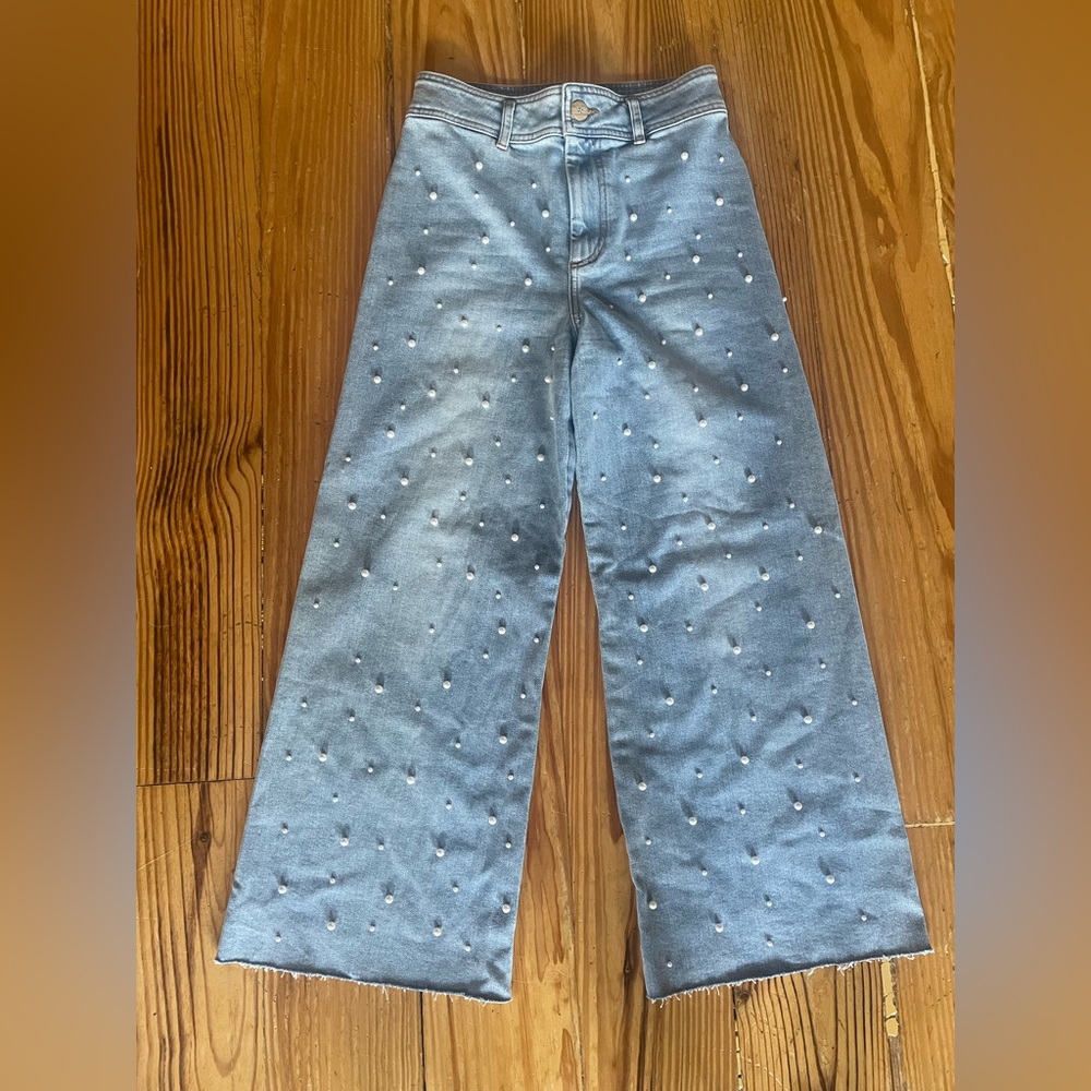 ANTONIO MELANI Alexandra Pearl Wide Leg Crop Denim Jeans